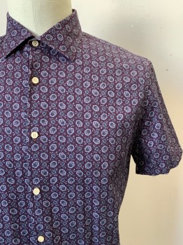 Mens, Casual Shirt, SAKS FIFTH AVENUE, Red Burgundy, Slate Gray, Brown, Cotton, Brocade, XL, S/S, Button Front, Collar Attached