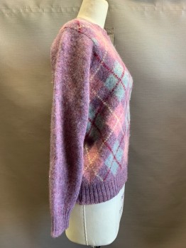 Womens, Sweater, LANDS END, Purple, Pink, Sky Blue, Cream, Wool, Argyle, S, Pullover, L/S, Crew Neck,