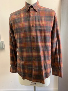 Mens, Casual Shirt, ORVIS, Rust Orange, Ochre Brown-Yellow, Gray, Cotton, Plaid, M, L/S, Button Down Collar, Button Front,