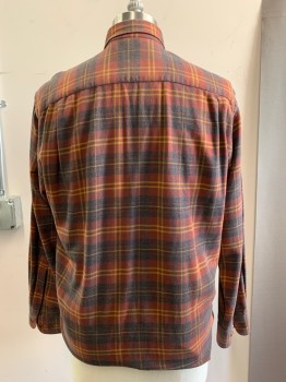 Mens, Casual Shirt, ORVIS, Rust Orange, Ochre Brown-Yellow, Gray, Cotton, Plaid, M, L/S, Button Down Collar, Button Front,