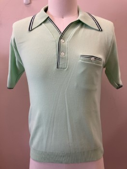Mens, Polo Shirt, KINGSPORT, Ch: 34, Lt Green, Solid, C.A., S/S, 2 Button Placket, 1 Pocket