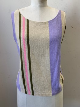 Womens, Top, Koret Of California, Sand, Lavender Purple, Pink, Olive Green, Cotton, Stripes - Vertical , B36, Sleeveless, Wide Neck,