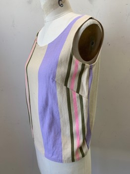 Womens, Top, Koret Of California, Sand, Lavender Purple, Pink, Olive Green, Cotton, Stripes - Vertical , B36, Sleeveless, Wide Neck,
