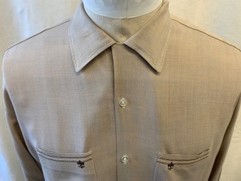 SEARS, Lt Beige, Brown, Poly/Cotton, Heathered, Heathered Beige, Brown Embroidered Trim on 2 Patch Pockets, Long Sleeves, Button Front, Collar Attached,