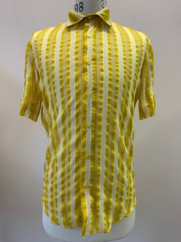 Mens, Casual Shirt, NO LABEL, Yellow, Cream, Polyester, Cotton, Stripes - Vertical , L, S/S, Button Front, Collar Attached, Transparent Netted Stripes, Made To Order,