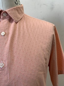 Mens, Casual Shirt, THEORY, Peachy Pink, Red, Cotton, Grid , Squares, M, Button Front, Collar Attached, Short Sleeves, Self Grid with 4 Tiny Squares *Sun Damager of Shoulders*