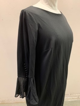 CALVIN KLEIN, Black, Polyester, Spandex, Solid, Crepe, 3/4 Sleeves with Chiffon Ruffle at Ends, with 7 Small Fabric Butons, Scoop Neck, Shift Dress, Hem Below Knee, Plus Size