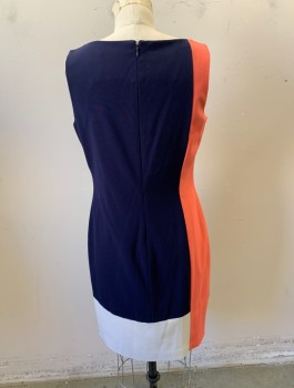 Womens, Dress, Sleeveless, RALPH LAUREN, Navy Blue, Salmon Pink, White, Polyester, Rayon, Color Blocking, Sz.8, Bateau/Boat Neck, Mostly Navy with Column of Salmon at Side, and White at Hem, Straight Fit, Knee Length, Invisible Zipper in Back