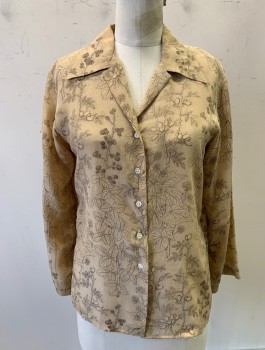 CACHAREL, Beige, Dk Brown, Silk, Leaves/Vines , L/S, Button Front, Camp Collar