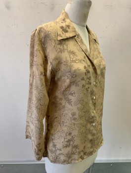 Womens, Blouse, CACHAREL, Beige, Dk Brown, Silk, Leaves/Vines , W28, B:36, L/S, Button Front, Camp Collar