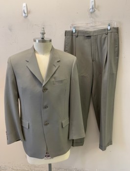 Mens, Suit, Jacket, KENNETH COLE, Lt Olive Grn, Wool, Solid, 42R, Button Front, 3 Buttons, 3 Pockets, Notched Lapel
