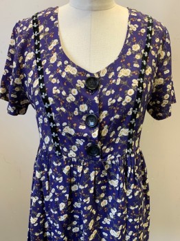 CDC, Navy Blue, Cream, Brown, Orange, Rayon, Floral, S/S, Scoop Neck, 3 Buttons, Pleated Bottom, Black Vertical  Band