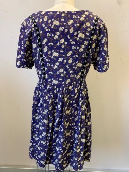 CDC, Navy Blue, Cream, Brown, Orange, Rayon, Floral, S/S, Scoop Neck, 3 Buttons, Pleated Bottom, Black Vertical  Band