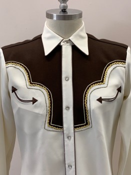 Mens, Western Shirt, H BAR C, Off White, Dk Brown, Gold, Polyester, Color Blocking, 34, 16.5, L/S, Snap Button Front, Collar Attached, Chest Pockets, Brown And Gold Piping