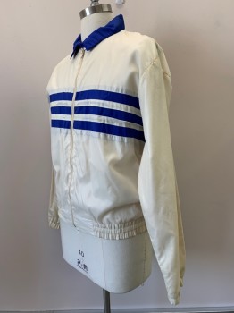 Mens, Windbreaker, SHELTER MOUNTAIN, Cream, Blue, Nylon, Stripes, XL, L/S, Zip Front, Collar Attached, Bottom Elastic Band, Side Pockets,