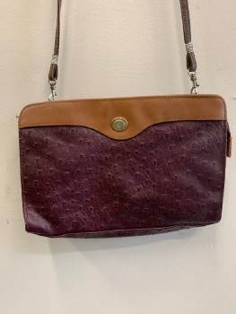 Womens, Purse, BUENO, Wine Red, Tan Brown, Faux Leather, Color Blocking, Text, Crossbody, Long Strap, Gold Medallion with "B" Etched CF, 1 Large Zipper Pckt, 1 Small Zipper Side Pckt, Aged/Distressed,