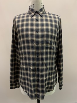 THEORY, Charcoal Gray, Gray, Brown, Beige, Cotton, Plaid, L/S, Button Front, Collar Attached, Chest Pocket