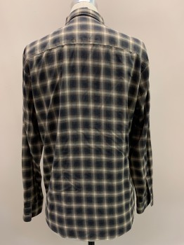 THEORY, Charcoal Gray, Gray, Brown, Beige, Cotton, Plaid, L/S, Button Front, Collar Attached, Chest Pocket