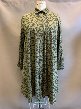 Comfy, Olive Green, Black, Cotton, Nylon, Abstract , L/S, Button Front, Collar Attached, Back Zipper