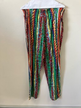 Mens, Pants, INTERNATIONAL MALE, M, Rainbow With Black & White Busy Patterned Vertical Stripe Printed Jersey, Elastic Waist,