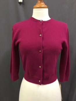 Womens, Cardigan Sweater, SEATON, Magenta Purple, Cashmere, Solid, S, Crew Neck, 3/4 Sleeves, Cropped, Gold Pyramid Shaped Buttons