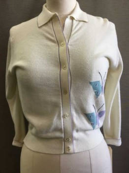 Womens, Sweater, TALBOTT, Cream, Lavender Purple, Aqua Blue, Acrylic, Novelty Pattern, 38B, Button Front, Collar Attached,  With Aqua And Lavender Butterflies And Lavender Placket Trim, Cardigan