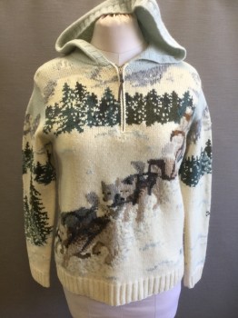 Womens, Pullover, RALPH LAUREN, Cream, Beige, Gray, Forest Green, Brown, Wool, Novelty Pattern, S, Cream with Multicolor Huskies Pulling a Dog Sled Novelty Knit, Long Sleeves, Pullover with 6" Long Zipper at Center Front Neck, Hooded
