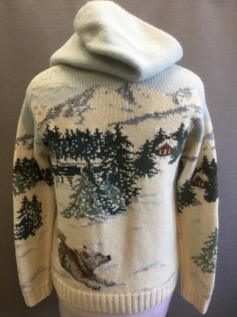 Womens, Pullover, RALPH LAUREN, Cream, Beige, Gray, Forest Green, Brown, Wool, Novelty Pattern, S, Cream with Multicolor Huskies Pulling a Dog Sled Novelty Knit, Long Sleeves, Pullover with 6" Long Zipper at Center Front Neck, Hooded