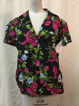 IRENE KASMER, Black, Hot Pink, Green, Blue, White, Cotton, Synthetic, Floral, Button Front, V-neck, Notched Lapel, Short Sleeves,