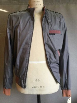 Mens, Windbreaker, MEMBERS ONLY, Gray, Polyester, Cotton, Solid, 42, Brown Rib Knit Trim, 2 Pockets, Zip Front
