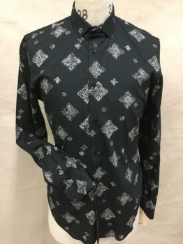 ZARA, Black, White, Cotton, Polyester, Floral, Geometric, Black W/white Floral Ornate Flower Petals and Circle Medallion Print, Collar Attached, Button Front, Long Sleeves, See Photo Attached,