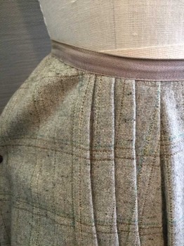N/L, Gray, Lt Brown, Sea Foam Green, Beige, Wool, Plaid-  Windowpane, 5/8" Wide Gray Twill Waistband, 2 Columns Of 4 Vertical Pleats Each At Center Front, These Fan Out To Pointed Panel At Hem, Hook & Eye Closures At Center Back Waist, Floor Length Hem **Large Circular Patch and Stains At Center Front Hem,