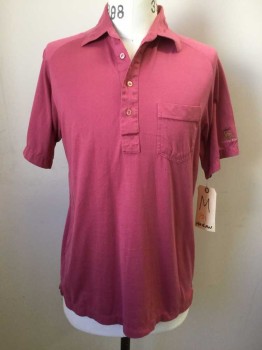 Mens, Polo Shirt, HOGAN, Rose Pink, Polyester, Cotton, Solid, M, 4 Buttons, Raglan Short Sleeves, "Yakima Elks" on Sleeve, 1 Pocket,