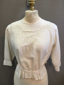 MTO, Off White, Linen, Cotton, Solid, Floral, Cream Floral Embroidery with Mesh Panels, Pleated Shoulders, Embroidery Scallopped Neckline/Sleeve Hem, Gathered At Peplum, Button Back,  Crochet Lace Panel Around Wrist,