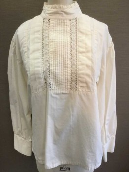 NINE FIVE, Cream, Cotton, Solid, Long Sleeves, Buttons In Back. Stand Collar with Ruffled Edge, Rectangular Panel At Front with Pintucks, Crochet Lace and Pleats, Puffy Sleeves, 3 Button Cuffs,