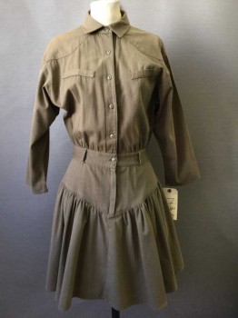 Byer Too, Olive Green, Cotton, Solid, Button Front, Collar Attached,  Western Style Yolk, 2 Faux Pockets, Belt Loops, Gathered V Skirt