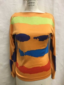 SPROUSE, Orange, Navy Blue, Lime Green, Tomato Red, Turquoise Blue, Silk, Abstract , Long Sleeves, Boat Neck, Abstract Painted Look Horizontal Bars/Lines,