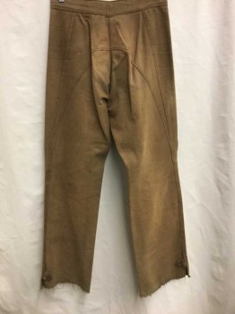 Mens, Historical Fiction Pants, N/L, Caramel Brown, Cotton, Solid, Ins 32, W 30, Canvas/Duck, Flat Front, 3 Button Fly, Brown Topstitching, V Shape/Diagonal Topstitching At Center Front Crotch To Hem, Curved Stitching At Bum, Hem Is Unfinished/Frayed, Lightly Aged/Worn Throughout