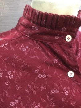 N/L, Maroon Red, Lt Gray, Cotton, Floral, Maroon with Gray Flowers and Vines Pattern Calico, Long Sleeve Button Front, Pleated Stand Collar, Puffy Gathered Sleeves, Vents At Side Seam Hems, Made To Order **Sun/Light Damage At Shoulders,