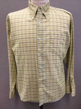 Mens, Casual Shirt, WEDGEFIELD, Lt Green, Olive Green, Yellow, Mauve Purple, Polyester, Cotton, Plaid - Tattersall, 15-.5, M, 32/33, Long Sleeve Button Front, Collar Attached,  1 Pocket, Button Down Collar,