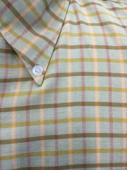 Mens, Casual Shirt, WEDGEFIELD, Lt Green, Olive Green, Yellow, Mauve Purple, Polyester, Cotton, Plaid - Tattersall, 15-.5, M, 32/33, Long Sleeve Button Front, Collar Attached,  1 Pocket, Button Down Collar,