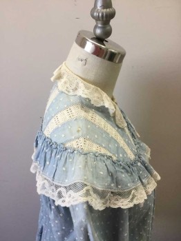 N/L, Lt Blue, Off White, Cotton, Polka Dots, Chambray with Off White Swiss Dot Pattern and Off White Lace Trim. Hook and Eye Closure CB, Alternate Lace and Chambray Vertical Inlay Stripes at Yoke Front and Back. Self Ruffled Hemline and Yoke Trim with Lace. Long Sleeves Also with Lace Trim. Stain at Front Left Lower. Small Hole at CF, Waist. Some Rust Stains at Shoulders As Well As Fading Due to Sun Damage,