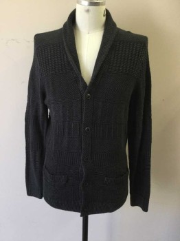 Mens, Cardigan Sweater, ABERCROMBIE & FITCH, Charcoal Gray, Cotton, L, Shawl Collar, Geometric and Dotted Knit Stripes, Long Sleeves, 5 Buttons, 2 Pockets