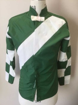 Unisex, Windbreaker, WEST COAST RACING, Green, White, Nylon, Color Blocking, S, Jockey Windbreaker - Green with White Diagonal 4" Wide Stripe/Panel Across Front, White Checkerboard Square Panels on Sleeves, White 3D Bow at Center Front Neck, Velcro Closures at  Front, Stand Collar, No Lining, "ART WALKER" Embroidered at Underside of Front Closure