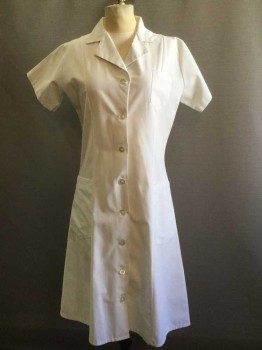 Womens, Nurses Dress, BARCO, White, Poly/Cotton, Solid, 6, 3/4 Button Front, Short Sleeves, Collar Attached, 2 Pockets, Elastic Back Waist, Bust Panel with Straps