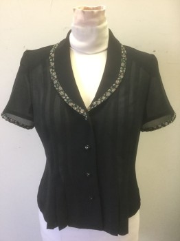 Womens, Blouse, DANNY & NICOLE, Black, Lt Pink, White, Green, Lt Blue, Polyester, Sz. 8, Chiffon with Black and Pastel Multicolor Floral Trim, Short Sleeves, Shawl Lapel, Padded Shoulders, 4 Black and Gold Buttons,