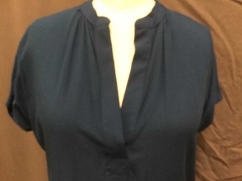 Womens, Dress, Short Sleeve, TYSA, Teal Blue, Rayon, Solid, S, Teal Blue, Split Round Neck W/trim, Cut-off Short Sleeves, Loose Fit