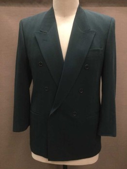 Mens, 1980s Vintage, Suit, Jacket, NINO FERRETTI, Forest Green, Wool, Herringbone, Solid, 44R, Double Breasted, Collar Attached, Peaked Lapel, 3 Pockets,