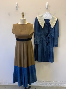 MTO, Teal Blue, Cream, Brown, Synthetic, Floral, 2 Piece, Teal Blue Floral Brocade, Yoke, Double Breasted, 12 Black Button Front, Cream (stained) Sailor Collar Attached, 3" Waistband, Pleat Skirt, Long Sleeves W/panel Cuff & Ruffle Trim  with 3 Matching Black Buttons,( on Left Sleeves There are Only 2 Buttons) with Brown Slip (matching Teal Blue Brocade Ruffle Hem,