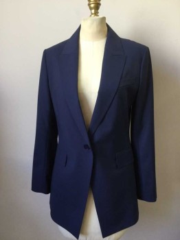 THEORY, Navy Blue, Wool, Lycra, Solid, Peaked Lapel, 1 Button Single Breasted, 2 Pockets with Flaps, 1 Welt Pocket
